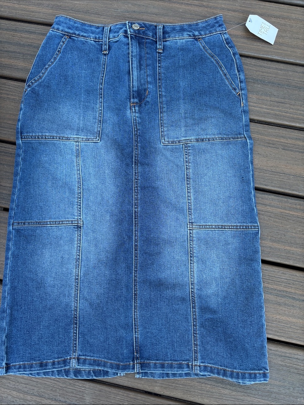 Time and Tru Blue Denim Patchwork Maxi Skirt